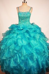 Charming Spaghetti Ruffled and Beaded Little Girls Formal Dresses in Blue