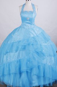 Halter Top Light Blue Romantic Girl Pageant Dresses in Floor-length