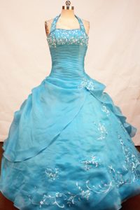 Fashionable Appliqued Halter Top Long Little Girls Pageant Dresses in Teal