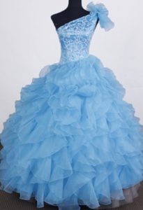 Beautiful One Shoulder Beaded Long Baby Girl Pageant Dress in Aqua Blue