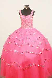 Zipper-up Hot pink Tulle Long 2013 Memorable Little Girl Dress with Beading