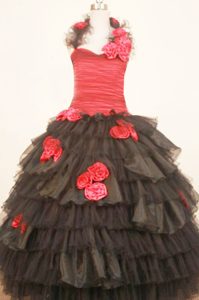 Black and Red Little Girl Pageant Dress with Ruffled Layers and Flowers for 2014