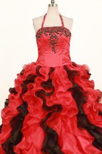 Fashionable Halter Top Red Pageant Dresses for Girls with Ruffles on Promotion