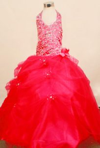 Red Popular Halter Top Tulle Pageant Dresses for Girls with Hand Made Flowers