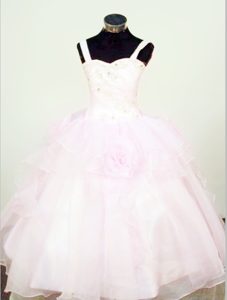 Organza Beaded Little Girl Pageant Dress with Hand Made Flowers and Straps