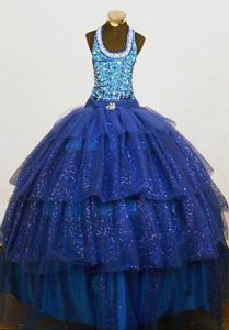 2014 Beaded Halter Top Blue Organza Pageant Dresses for Girls with Sequins