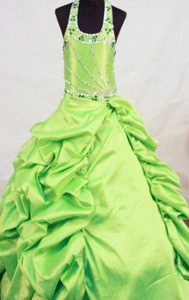 Green Taffeta Beaded Little Girl Pageant Dresses with Halter Top and Pick-ups