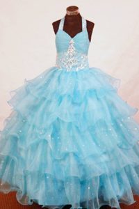 Halter Top Blue Organza Little Girl Pageant Dresses with Beading and Appliques