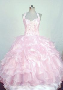 2013 Halter Top Light Pink Organza Beaded Little Girl Pageant Dress with Ruffles