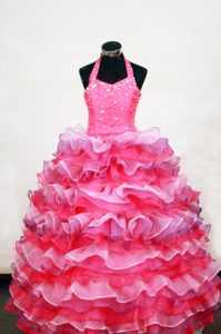 Luxurious Halter Top Multicolor Beaded Little Girl Pageant Dresses with Layers