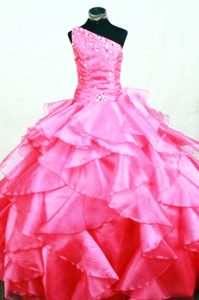 Romantic Organza One Shoulder Beaded Little Girl Pageant Dress with Ruffles
