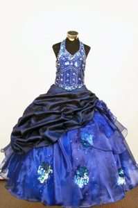 Beautiful Ball gown Halter Top Organza Blue Little Girl Formal Dresses Beaded