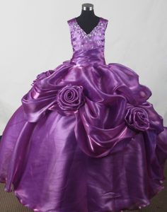 Purple Little Girl Pageant Dresses with Beading and Hand Made Flowers on Sale