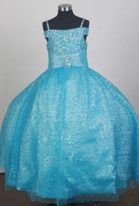 Pretty Blue Beaded Flower Girl Dress with Spaghetti Straps and Sequins on Sale