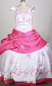 White and Hot Pink Flower Girl Pageant Dress with Cap Sleeves and Embroidery