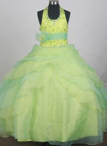 Popular Green Halter Top Flower Girl Formal Dress with Sequins and Beading
