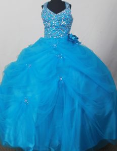 Blue Sweet Halter Top Flower Girl Pageant Dress Beaded with Flowers Decorated