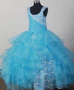 Blue Scoop Neckline Appliques Decorated Flower Girl Pageant Dress for Cheap