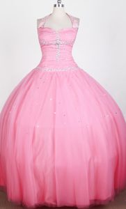 Simple Beading Decorated Halter Top Little Girl Pageant Dress for Custom Made