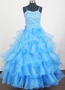 Aqua Blue Beaded Little Girl Pageant Dresses with Hand Made Flowers for Cheap