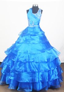 Bright Blue Little Girl Pageant Dress with Layers and Beading on Wholesale Price