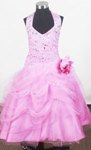 Beaded Halter Top Little Girl Pageant Dresses with Hand Made Flower for Cheap