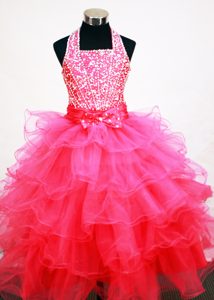 Popular Hot Pink Halter Top Beaded Flower Girl Pageant Dress with Ruffled Layer