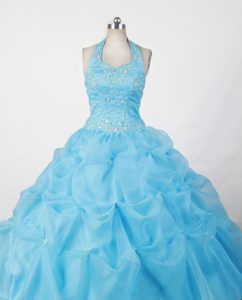 Halter Top and Baby Blue Beauty Pageant Dresses with Appliques on Promotion