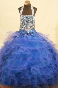 Halter Top Blue and Beaded for Pageant Dresses for Girls with Bowknot in 2013