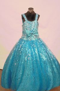 New Aqua Blue Little Girl Pageant Dresses with Sequin over Skirt and Bowknot