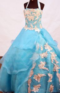 Lovely Appliques Decorated Halter Top Little Pageant Girl Dress for Cheap