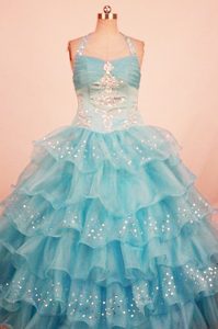 Cute Baby Blue Organza Pageant Dress for Toddlers with Layers and Appliques