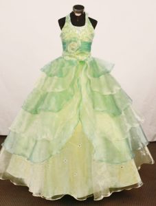New Halter Yellow Green Layered Organza Pageant Dresses for Kids with Flower