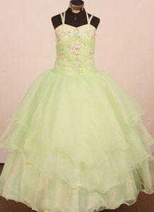 Yellow Green Spaghetti Straps Layered Pageant Dresses for Kids with Appliques