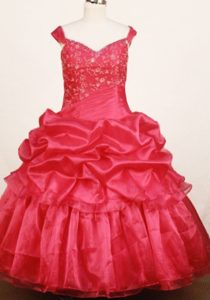 Straps Red Ball Gown Organza Beaded Pageant Dresses for Kids with Pick-ups