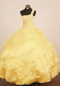 One Shoulder Yellow Layered Organza Pageant Dresses for Kids with Appliques