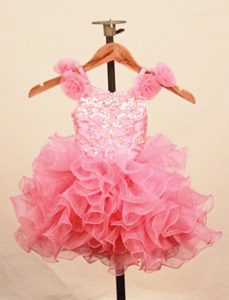 Straps Pink Organza Ruffled Pageant Dresses for Kids with Beading and Flower