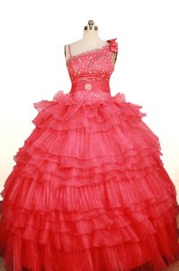 Asymmetrical Shoulder Hot Pink Beaded Little Girls Pageant Dresses with Layers