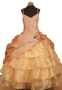 Spaghetti Straps Gold Layered Little Girls Pageant Dress with Pick-ups and Flower
