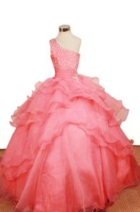 Watermelon One Shoulder Organza Layered Girls Pageant Dresses with Beading