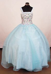 Straps Ball Gown Baby Blue Organza Little Girls Pageant Dress with Rhinestones