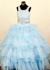 Baby Blue Ball Gown Organza Ruffled Little Girls Pageant Dresses with Beading