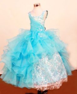 Straps Blue Lace Ball Gown Little Girls Pageant Dress with Ruffles and Appliques