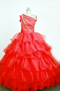 One Shoulder Coral Red Ball Gown Ruffled Little Girls Pageant Dress with Beading