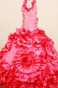 Halter Ball Gown Red Little Girls Pageant Dresses with Beading and Rolling Flower