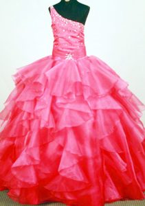 Chic One Shoulder Ball Gown Pink Beaded Little Girls Pageant Dress with Ruffles