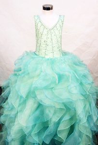 New V-neck Ball Gown Blue Little Girls Pageant Dress with Ruffles and Beading