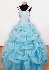 Baby Blue Straps Ball Gown Flower Girl Pageant Dress with Pick-ups and Bow