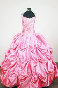 Rose Pink Straps Taffeta Flower Girl Pageant Dress with Pick-ups and Appliques