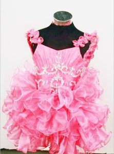 Pink Straps Ruched Organza Flower Girl Pageant Dress with Ruffles and Flowers